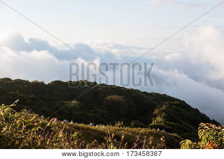 Mountain landscaped with group of people trekking on the Kew Mae Parn, National Park mountain in Thailand