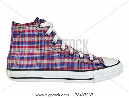close up vintage style of sport plaid sneaker shoe isolated on white background with clipping path