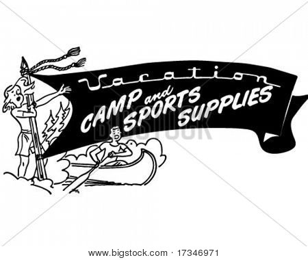 Camp de vacances et Sports fournitures - en-tête Ad - Retro Clipart