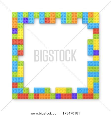 3d rendering of many blocks in different colors making up one hollow square shape in top view. Building sets. Toys and games. Leisure and recreation.
