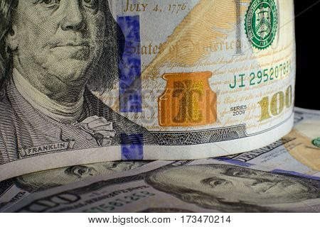 United States Currency One Hundred Dollars American. New Bills Front. Benjamin Franklin