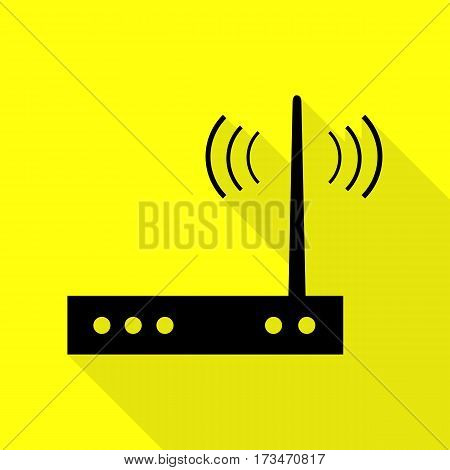 Wifi modem sign. Black icon with flat style shadow path on yellow background.
