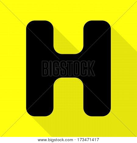 Letter H sign design template element. Black icon with flat style shadow path on yellow background.