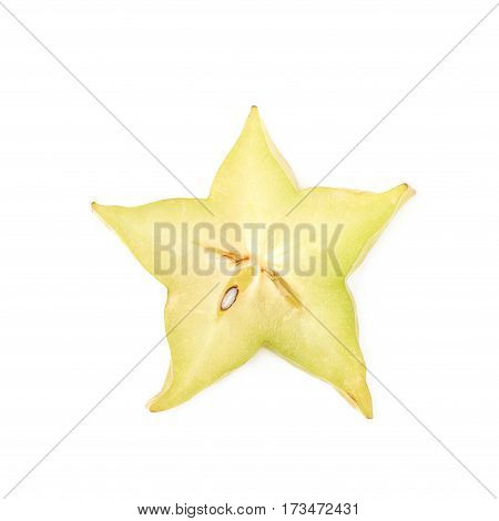 Single cross-section slice of carambola starfruit fruit isolated over the white background