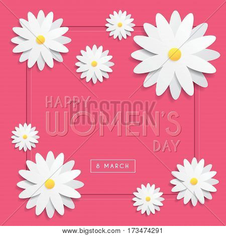 International Women's Day greeting card template design with emboss text & white flowers on pink background. 8 march vector illustration.
