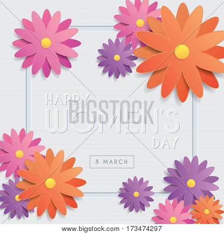 International Women's Day greeting card template design with emboss text & flowers on white background. 8 march vector illustration.