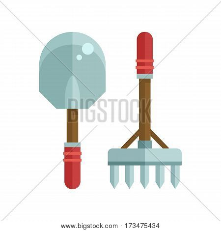 Spade shovel and rake icons. Gardening tools illustration in flat design.