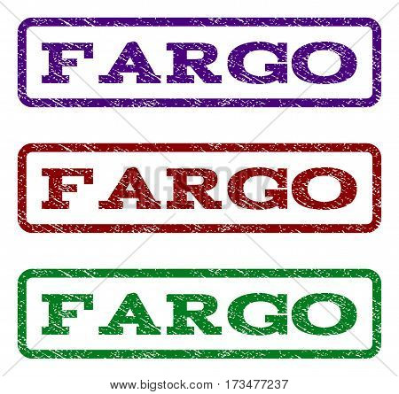 Fargo watermark stamp. Text caption inside rounded rectangle frame with grunge design style. Vector variants are indigo blue red green ink colors. Rubber seal stamp with unclean texture.