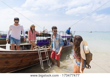 Young People Group Tourist Sail Long Tail Thailand Boat Ocean Friends Sea Vacation Travel Trip Tropical Holiday