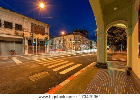 PHUKET THAILAND - JANUARY 09 2017: Yaowarat Road. Phuket old town with old buildings in Sino Portuguese style is a very famous tourist destination of Phuket.