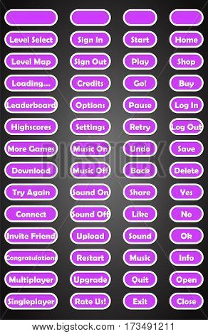 Set of text buttons in flat style. 2d asset for user interface GUI in mobile application or casual video game.