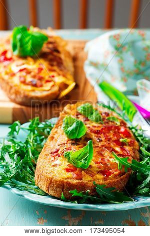 hot pizza sandwich for breackfast .  selective focus