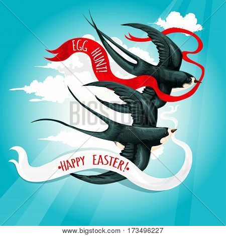 Easter holiday greeting card with swallow bird in blue spring sky. Flying swallow birds carrying ribbon banners with text Happy Easter and Egg Hunt. Easter greetings festive poster design