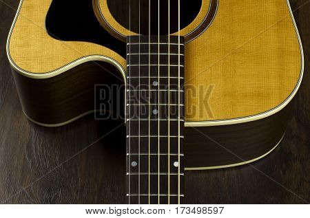acoustic guitar neck fingerboard frets strings music case close inlay creativity art sound vibration play music guitarist