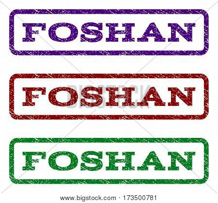 Foshan watermark stamp. Text tag inside rounded rectangle with grunge design style. Vector variants are indigo blue red green ink colors. Rubber seal stamp with scratched texture.