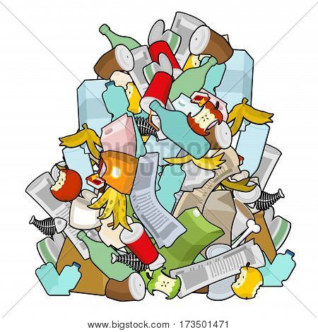 Pile Rubbish. Garbage Heap  Isolated. Stack Trash. Litter Background. Peel From Banana And Stub. Tin