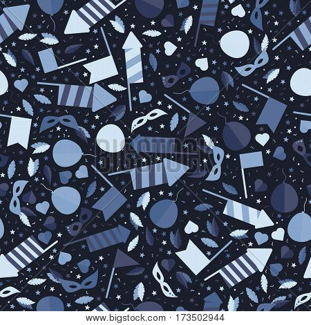 Happy Carnival Festive Seamless Pattern with Mask Firework Rocket Stars and Confetti
