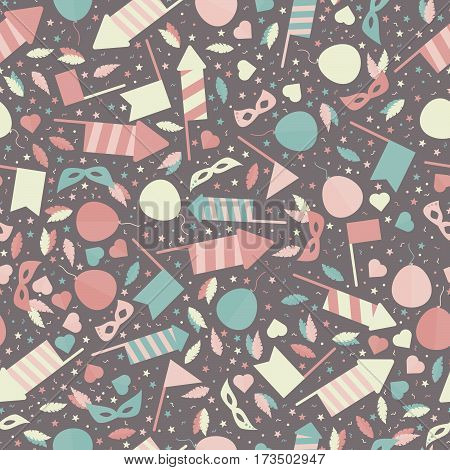 Happy Carnival Festive Seamless Pattern with Mask Firework Rocket Stars and Confetti