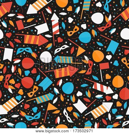 Happy Carnival Festive Seamless Pattern with Mask Firework Rocket Stars and Confetti