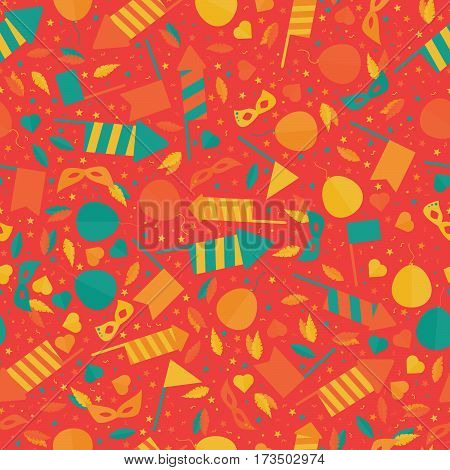 Happy Carnival Festive Seamless Pattern with Mask Firework Rocket Stars and Confetti