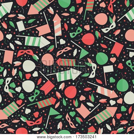 Happy Carnival Festive Seamless Pattern With Mask Firework Rocket Stars And Confetti