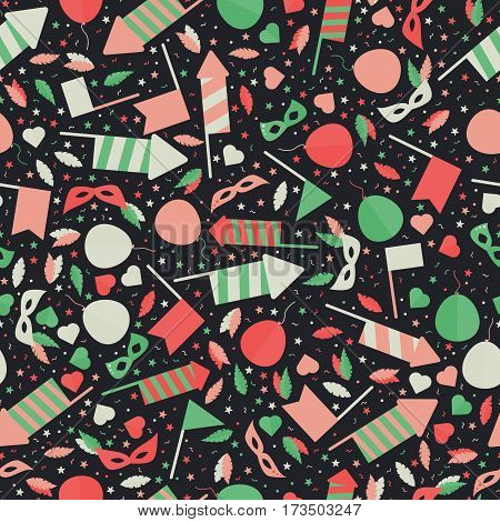 Happy Carnival Festive Seamless Pattern With Mask Firework Rocket Stars And Confetti