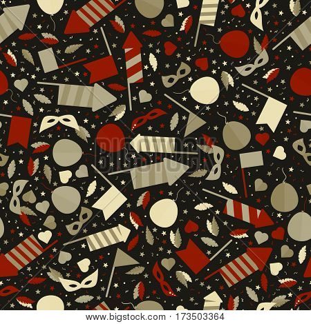 Happy Carnival Festive Seamless Pattern With Mask Firework Rocket Stars And Confetti