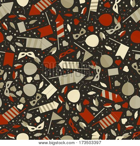 Happy Carnival Festive Seamless Pattern With Mask Firework Rocket Stars And Confetti