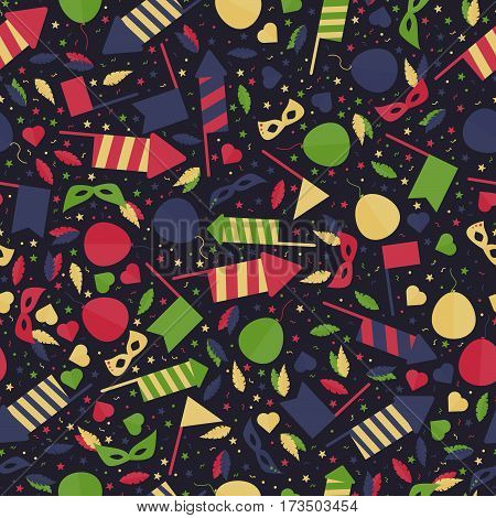 Happy Carnival Festive Seamless Pattern with Mask Firework Rocket Stars and Confetti