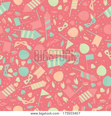 Happy Carnival Festive Seamless Pattern with Mask Firework Rocket Stars and Confetti