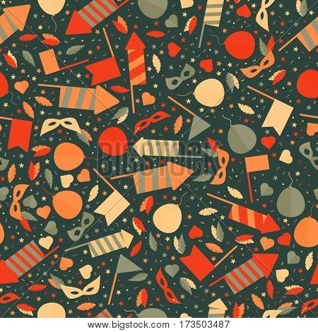 Happy Carnival Festive Seamless Pattern with Mask Firework Rocket Stars and Confetti