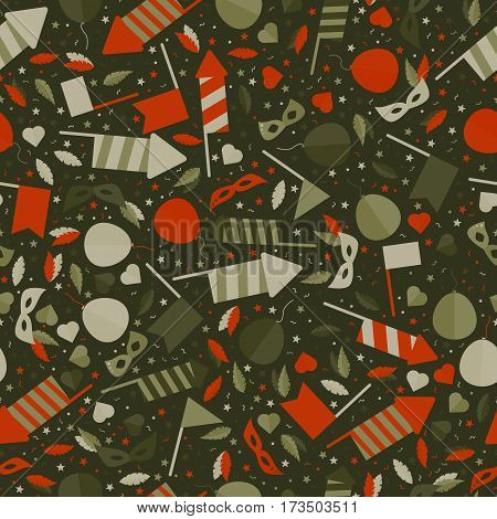 Happy Carnival Festive Seamless Pattern with Mask Firework Rocket Stars and Confetti