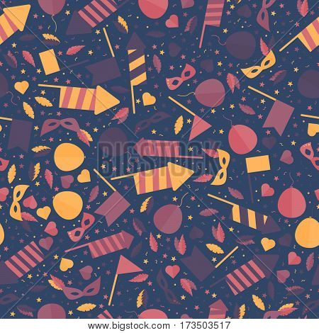 Happy Carnival Festive Seamless Pattern with Mask Firework Rocket Stars and Confetti
