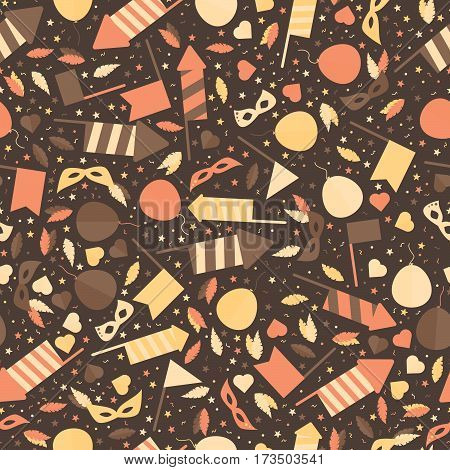 Happy Carnival Festive Seamless Pattern with Mask Firework Rocket Stars and Confetti