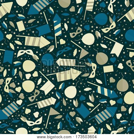 Happy Carnival Festive Seamless Pattern with Mask Firework Rocket Stars and Confetti