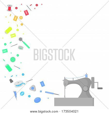 Sewing workshop equipment. Flat tailor shop design elements. Tailoring industry dressmaking tools icons. Fashion designer sew items.