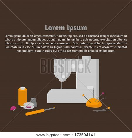 Sewing workshop equipment. Flat tailor shop design elements. Tailoring industry dressmaking tools icons. Fashion designer sew items template.