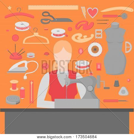 Woman tailor. Sewing workshop equipment. Flat shop design elements. Tailoring industry dressmaking tools icons. Fashion designer sew items.