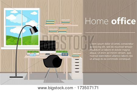 Working Place Modern Office Interior Flat Design Vector Illustration Computer Desk Workplace Concept
