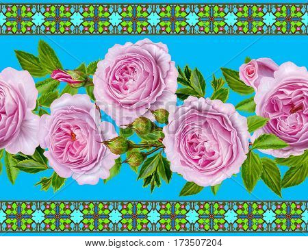 Horizontal floral border. Pattern seamless. Flower garland of roses camellia and delicate beautiful flowers green leaves. Ornament from mosaic tiles.