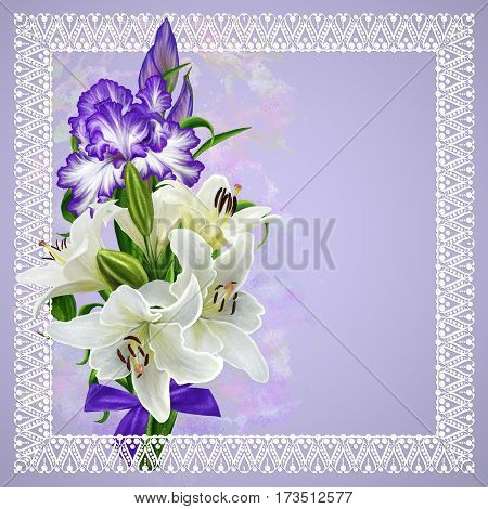 Vintage Greeting Card In The Old Style. Bouquet Of White Lilies And Purple Irises Against A Backgrou