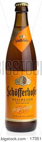 GRONINGEN, NETHERLANDS - FEBRUARY 24, 2017: Bottle of Schofferhofer white wheat beer isolated on a white background