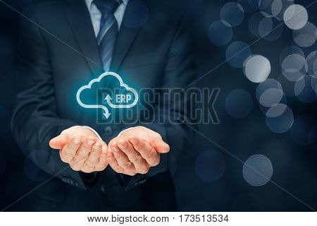 Enterprise resource planning ERP as cloud service concept. Businessman offer ERP business management software as cloud computing service.