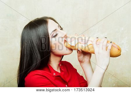 Sexy Pretty Brunette Woman Eats Big Sandwich Or Burger