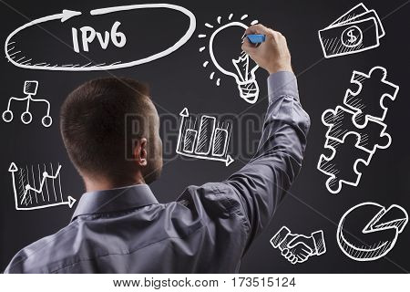 Technology, Internet, Business And Marketing. Young Business Man Writing Word: Ipv6