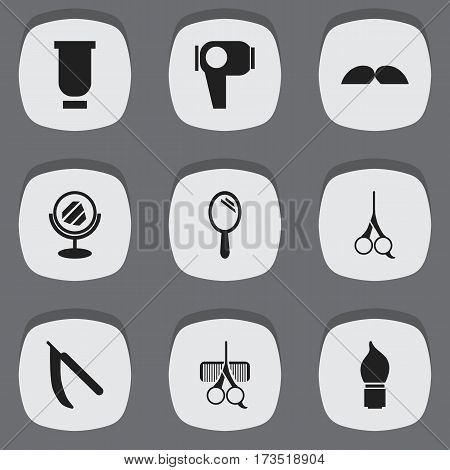 Set Of 9 Editable Hairstylist Icons. Includes Symbols Such As Whiskers, Peeper, Cut Tool And More. Can Be Used For Web, Mobile, UI And Infographic Design.
