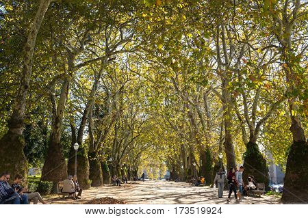 PORTO PORTUGAL - OCTOBER 20 2015: People walking in park Cordoaria in the old town of Porto Portugal