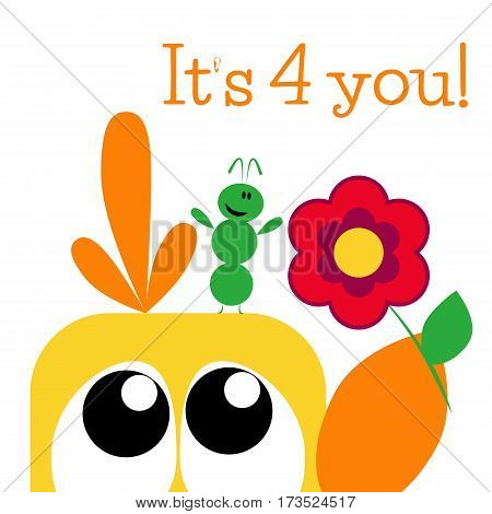 Card with funny cartoon bird who gives a flower to his friend. It's for you