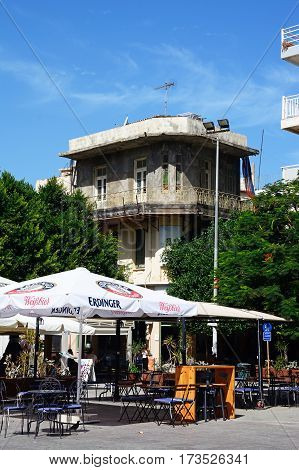 HERAKLION, CRETE - SEPTEMBER 19, 2016 - City centre pavement cafe Heraklion Crete Greece Europe, September 19, 2016.
