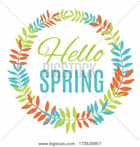 Hello spring greeting card wreath. Vector illustration